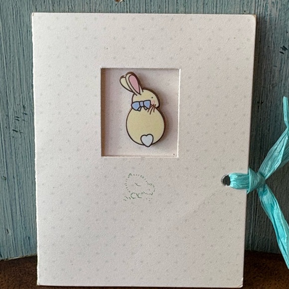 Tiny little bunny pin with pink ears, a blue bow, and white “heart” cottontail - Picture 3 of 12
